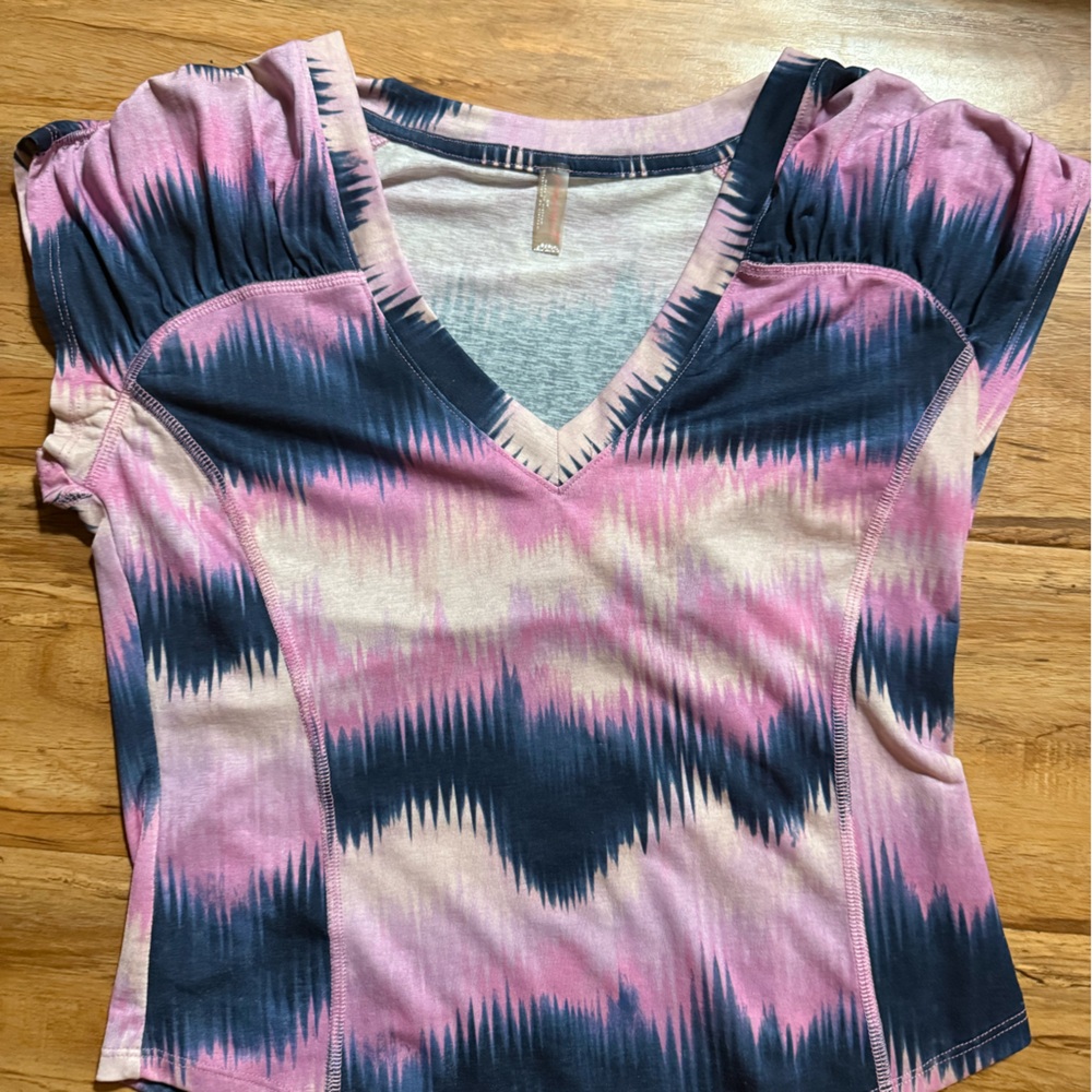 FP Movement by Free People Pink and Navy Tie-Dye V-Neck Ruffle Cap Sleeve Tank